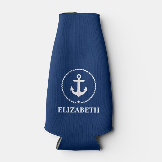 Nautical Jouw naam Anchor Rope Navy Blue Flesjeskoeler (Voorkant)