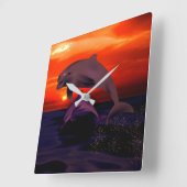 Nautical Jumping Dolphins Orange Ocean Sunset Vierkante Klok (Hoek)