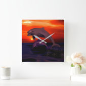 Nautical Jumping Dolphins Orange Ocean Sunset Vierkante Klok (Huis)