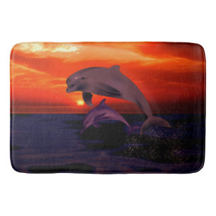 Nautical Jumping Dolphins Oranje Ocean Sunset Badmat