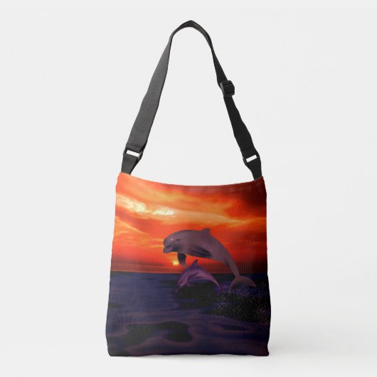 Nautical Jumping Dolphins Oranje Ocean Sunset Crossbody Tas (Voorkant)