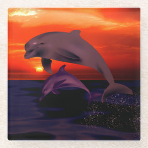 Nautical Jumping Dolphins Oranje Ocean Sunset Glazen Onderzetter