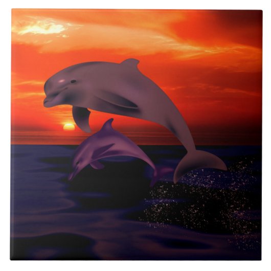 Nautical Jumping Dolphins Oranje Ocean Sunset Tegeltje (Voorkant)
