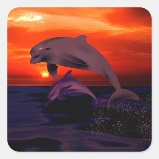 Nautical Jumping Dolphins Oranje Ocean Sunset Vierkante Sticker (Voorkant)