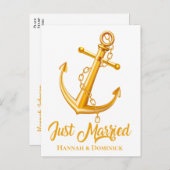 Nautical Just Married Gold Anchor Beach Weddenscha Aankondigingskaart (Voorkant / Achterkant)