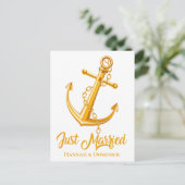 Nautical Just Married Gold Anchor Beach Weddenscha Aankondigingskaart (Staand voorkant)