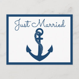 Nautical Just Married Navy Blue Anchor Wedding Aankondigingskaart