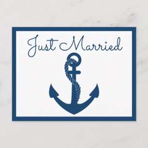 Nautical Just Married Navy Blue Anchor Wedding Aankondigingskaart