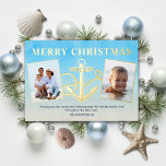 Nautical Kerstanchor 2 Foto Kustal Folie Feestdagenkaart<br><div class="desc">Deze kerstkaart aan de kust heeft een nautisch ontwerp met een anker tussen twee foto's,  een beachy waterverf achtergrond en een oceaangeoriënteerde vakantieboodschap onderaan. De kopbaltekst en het anker zijn gedrukt met echte gouden folie.</div>