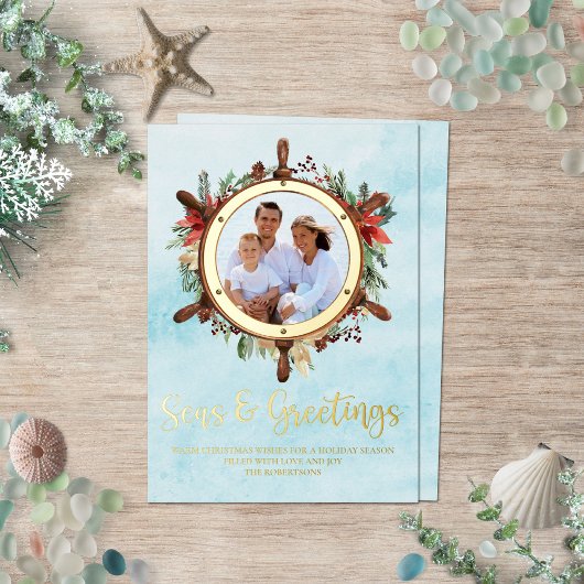 Nautical Kerstmis Zeeen and Greetings Photo Gold Folie Feestdagenkaart