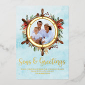 Nautical Kerstmis Zeeen and Greetings Photo Gold Folie Feestdagenkaart (Voorkant)