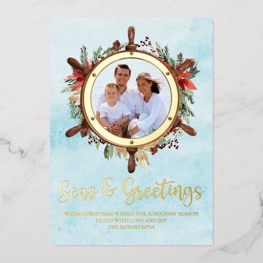 Nautical Kerstmis Zeeen and Greetings Photo Gold Folie Feestdagenkaart (Voorkant)