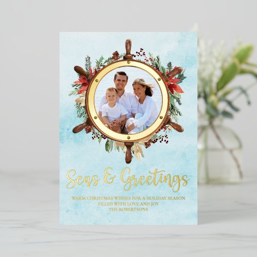 Nautical Kerstmis Zeeen and Greetings Photo Gold Folie Feestdagenkaart (Staand Voorkant)