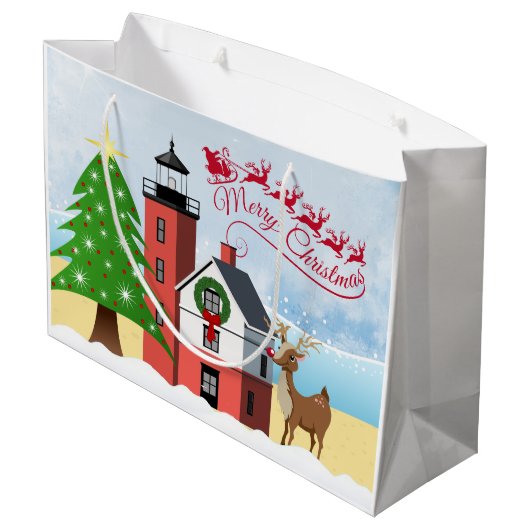 Nautical kersttas met vuurtoren large cadeautasje (Achterkant Gekanteld)