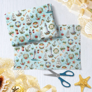 Nautical kerstvuurtoren die zeilschepen verzorgen tissuepapier