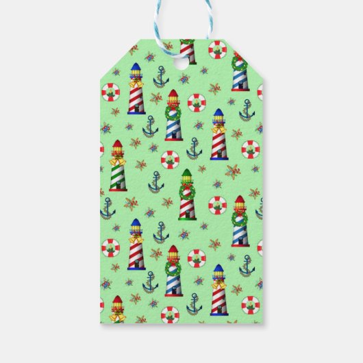 Nautical kerstvuurtoren op groene achtergrond cadeaulabel (Achterkant)