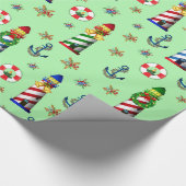 Nautical kerstvuurtoren op groene achtergrond cadeaupapier (Hoek)