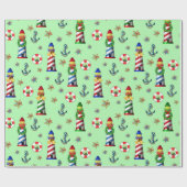 Nautical kerstvuurtoren op groene achtergrond cadeaupapier (Vlak)