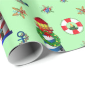 Nautical kerstvuurtoren op groene achtergrond cadeaupapier (Rol Hoek)