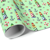 Nautical kerstvuurtoren op groene achtergrond cadeaupapier (Rol Hoek)