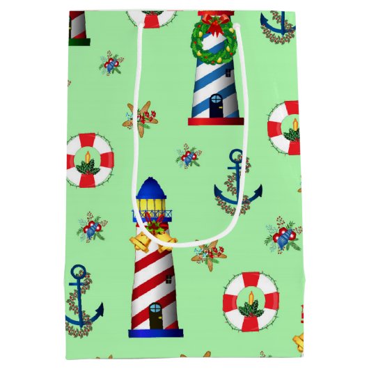 Nautical kerstvuurtoren op groene achtergrond medium cadeauzakje (Achterkant)