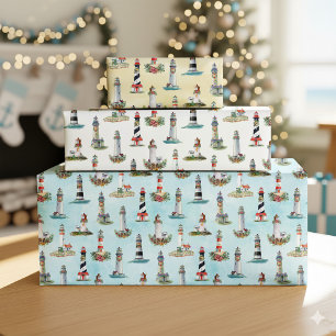 Nautical Kerstvuurtoren Waterverf Kustal Inpakpapier Vel