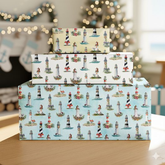 Nautical Kerstvuurtoren Waterverf Kustal Inpakpapier Vel