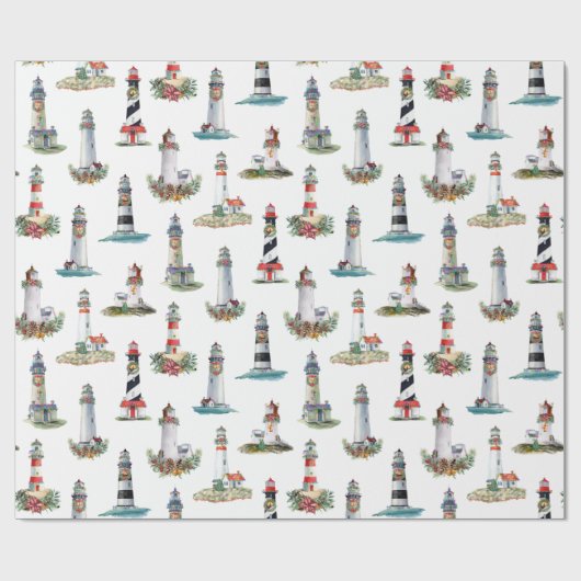 Nautical Kerstvuurtoren White Cadeaupapier (Vlak)