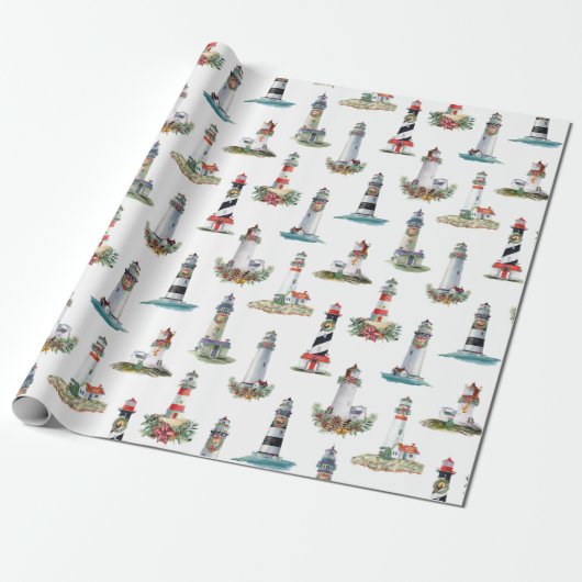 Nautical Kerstvuurtoren White Cadeaupapier (Uitgerold)
