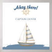 Nautical Kids Verjaardag | Marine Blauw & Wit boot Poster (Voorkant)