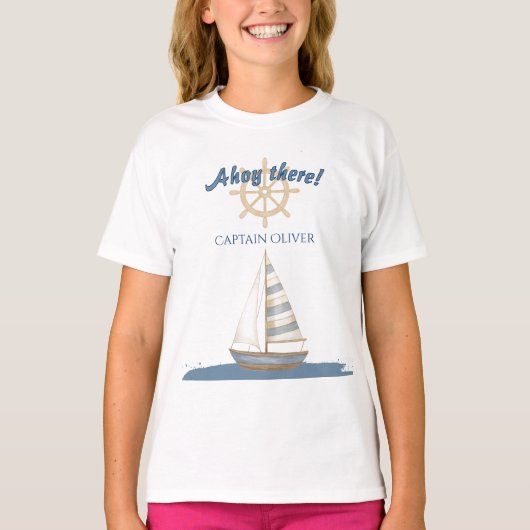 Nautical Kids Verjaardag | Marine Blauw & Wit boot T-shirt (Voorkant)