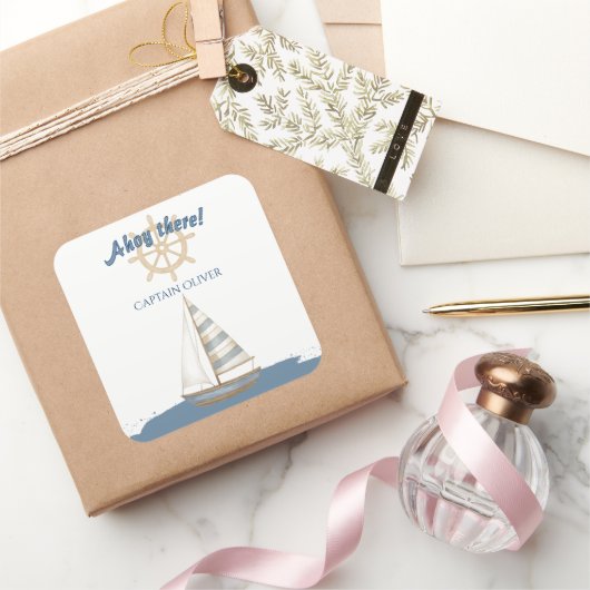 Nautical Kids Verjaardag | Marine Blauw & Wit boot Vierkante Sticker (Geschenken)