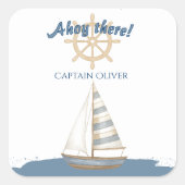 Nautical Kids Verjaardag | Marine Blauw & Wit boot Vierkante Sticker (Voorkant)