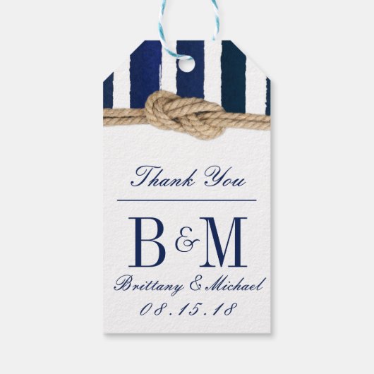 Nautical Knot Burlap Navy Stripes Wedding Gift Lab Cadeaulabel (Achterkant)