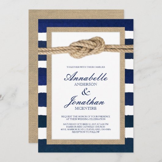 Nautical Knot Burlap & Waterverf Navy Stripes Kaart (Voorkant / Achterkant)