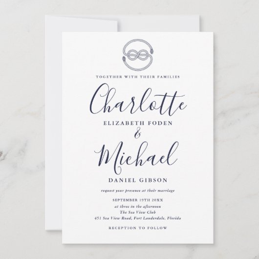 Nautical Knot Navy Blue Script Weddenschap Kaart (Voorkant)