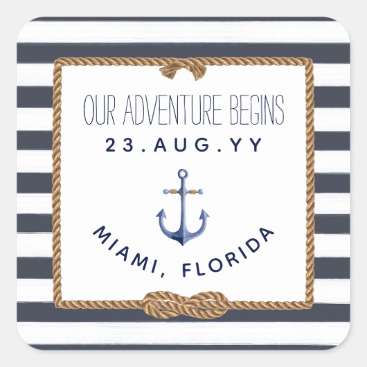 Nautical Knot Navy Blue & White Striped Wedding Vierkante Sticker (Voorkant)