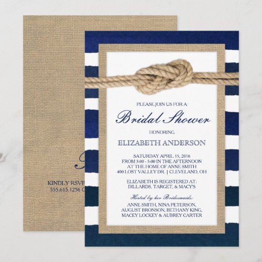 Nautical Knot Navy Stripes Rustiek Vrijgezellenfee Kaart (Voorkant / Achterkant)