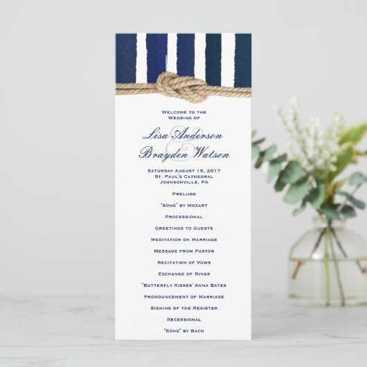 Nautical Knot Navy Stripes Trouwprogramma Programmakaart (Staand voorkant)