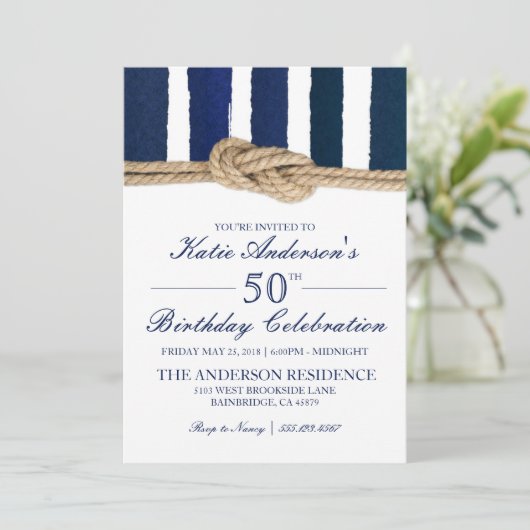 Nautical Knot Navy Stripes Verjaardag Uitnodiging (Staand voorkant)