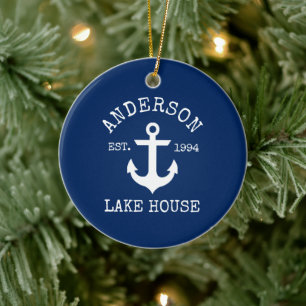 Nautical Lake House Anchor Familienaam Blue Keramisch Ornament