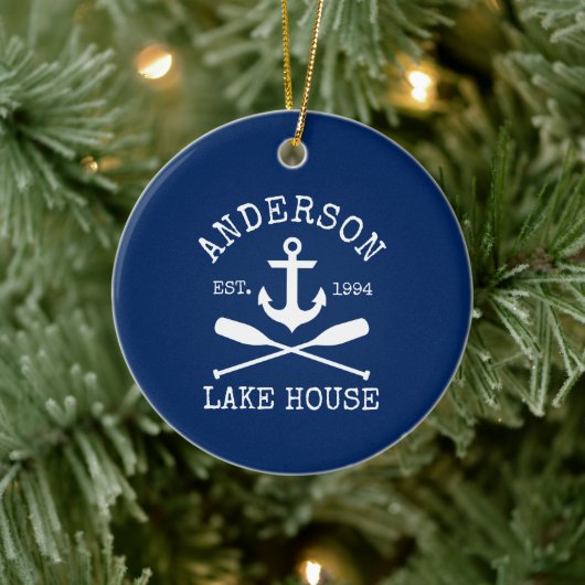 Nautical Lake House Anchor Oars Familienaam Blue Keramisch Ornament (Boom)