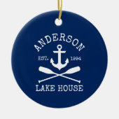 Nautical Lake House Anchor Oars Familienaam Blue Keramisch Ornament (Voorkant)