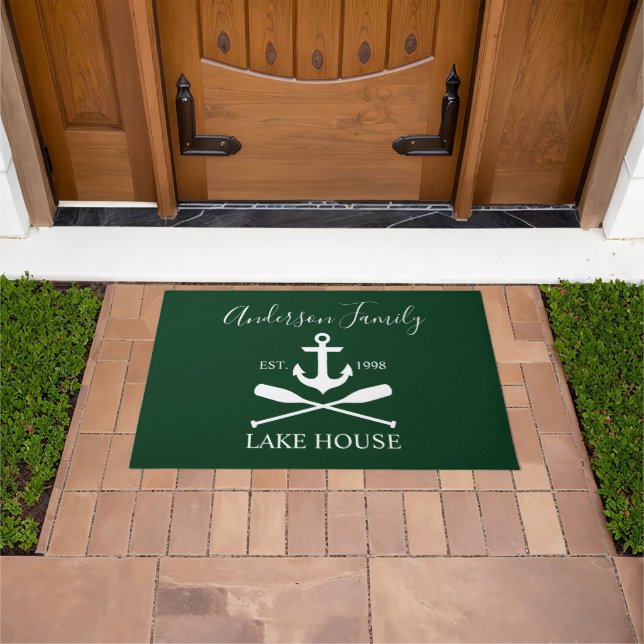 Nautical Lake House Anchor Oars Familienaam Green Deurmat (Buiten)