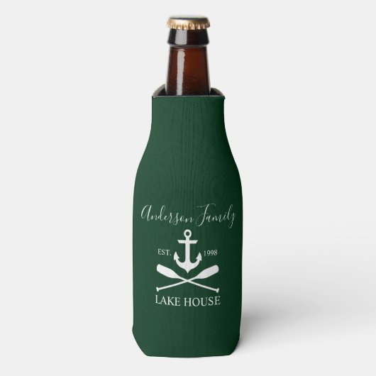 Nautical Lake House Anchor Oars Familienaam Green Flesjeskoeler (Fles Voorkant)