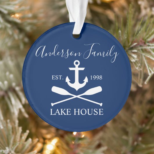 Nautical Lake House Anchor Oars Family Navy Blue Ornament (Boom)