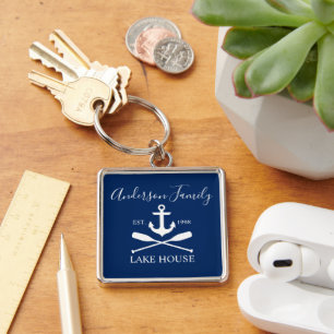 Nautical Lake House Anchor Oars Family Navy Blue Sleutelhanger
