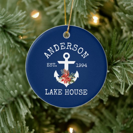Nautical Lake House Anchor Winter Floral Blue Keramisch Ornament (Boom)