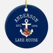 Nautical Lake House Anchor Winter Floral Blue Keramisch Ornament (Achterkant)