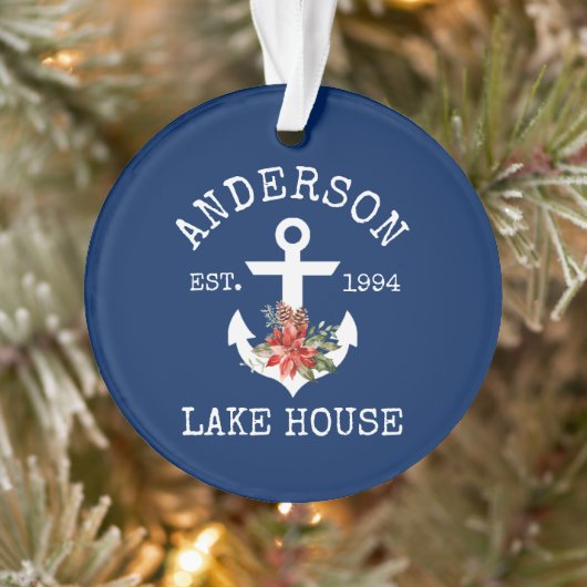 Nautical Lake House Anchor Winter Floral Blue Ornament (Boom)